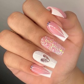 Red Heart Press on Nails Medium Pink Valentine's Day Fake Nails French Tip Glue on Nails with Heart Design Acrylic False Nails Decoration Gift for for Women and Girls (Style-N)