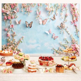 7 x 5 ft Pink Butterfly Birthday Backdrop for Photography Floral Wonderland Blue Photo Background Baby Shower Wedding Wall Decors Girl Women Party Newborn Girls Princess Portrait Photobooth Props