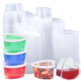 100 Sets 2/3 oz Heart Shaped Jello Shot Cups with Lids, Small Condiment Containers, Disposable Portion Cups, Plastic Souffle Cup, Mini Sample Tasting Cups, Dipping Sauce Cup To Go Bowls, Clear