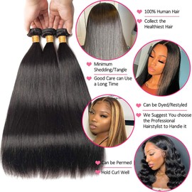Huarisi Short Human Hair Straight Weave Bundles 12 14 16 Inch Brazilian Straight Hair 3 Bundles 10A Remy Hair Weft Natural Colour Real Hair for Full Head