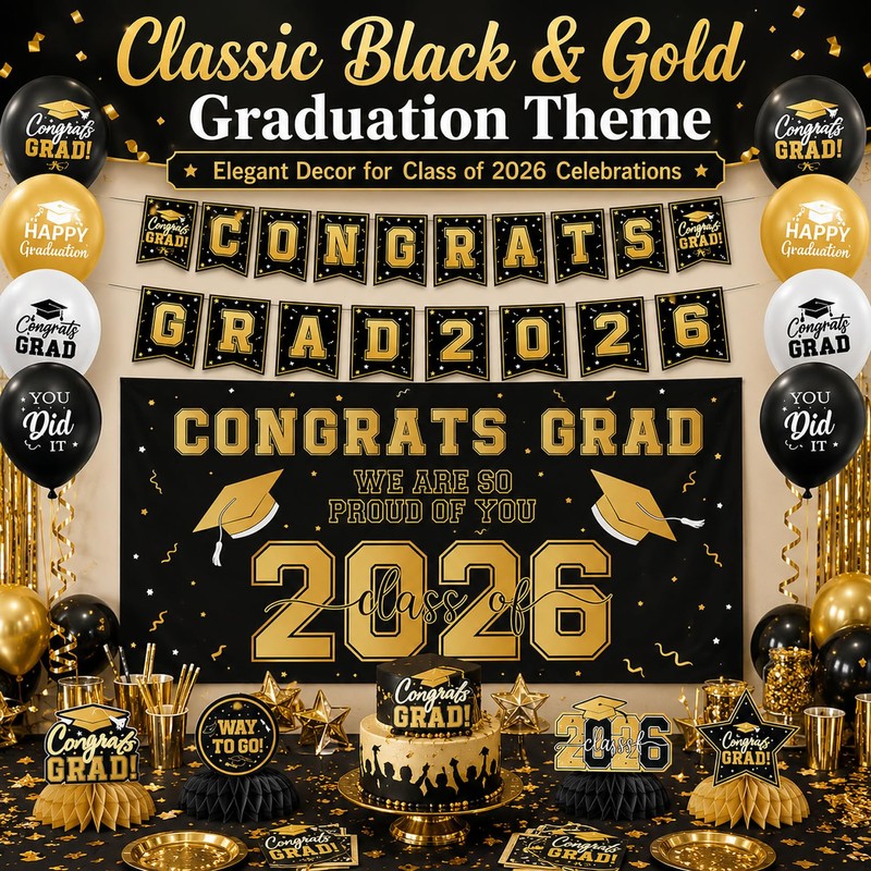 2026 Graduation Decorations Set, Gold and Black Party Supplies -