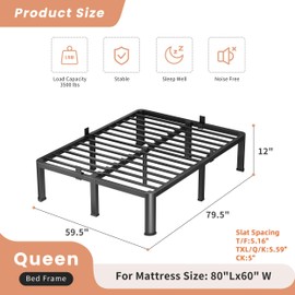 VIPSHOW 12 Inch Queen Heavy Duty 3500 lbs Bed Frame with Round-Corner Legs & Anti-Squeak Design – Quick Assembly Metal Platform, No Box Spring Needed
