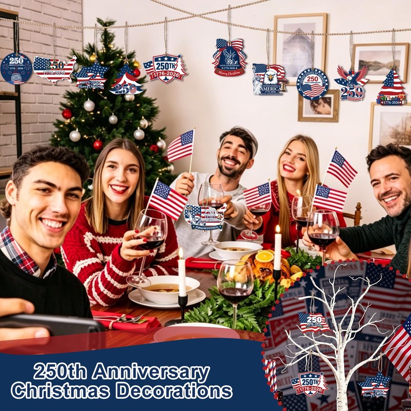 24 Pcs 250th Christmas Wooden Ornaments Red White Blue Tree