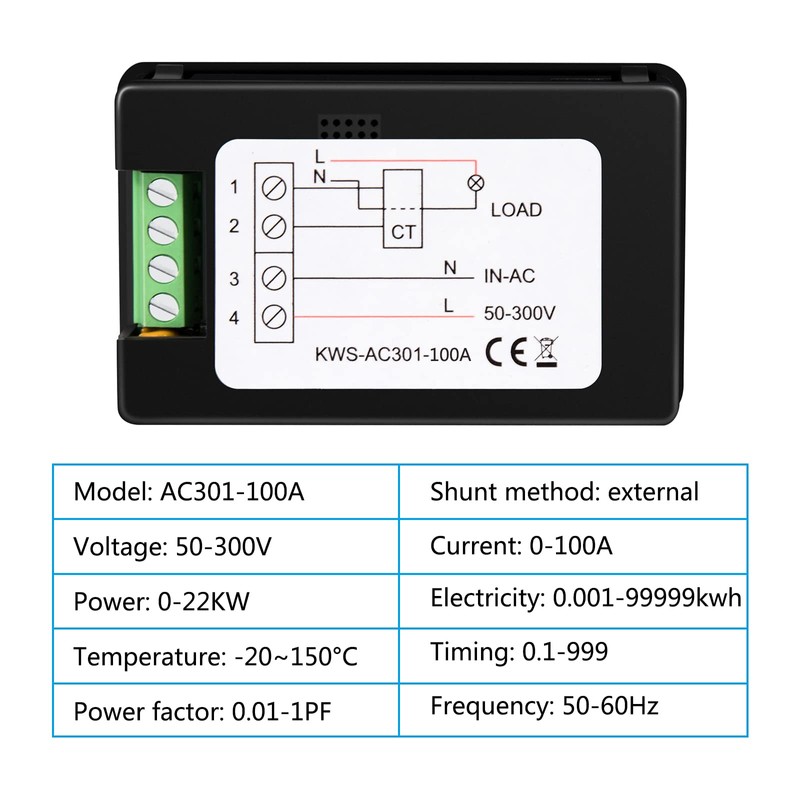 AITIAO Digital Display AC Multimeter 50-300V 0-100A Current Voltmeter with