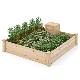 Giantex Raised Garden Bed, 49"x49"x10" Wood Planter Box Kit w/Compost Bin & Open-Ended Bottom for Vegetables, Flowers, Herbs, Fruits, Elevated Square Planting Bed for Patio, Backyard, Garden