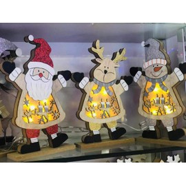 SHATCHI LED Wooden Christmas Santa Snowman Reindeer Xmas Home Indoor Table Decorations Ornaments Centrepiece, 27cm, Wood