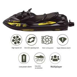 Ssccgym UDI023 Plus+ RC Racing Jet Boat Remote Controlled Watercraft Motorboat 25km/h with LED 7.4V 2000mAh 2-Battery for Boys Kids Beginners 8y+ on Lake Pool (Yellow)