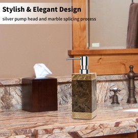 HKDZ Marble Soap Dispensers, Decorative Bathroom Accessories, 250ML Square Hand Soap Dispenser Pump Bottle Natural Marble for Kitchen Bathroom Coffee Colour