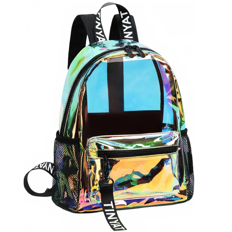 TINYAT Holographic Clear Backpack Mini Colorful Laser Transparent Backpack Heavy
