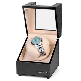 TRIPLE TREE Single Watch Winder Newly Upgraded, with Flexible Plush Pillow, in Wood Shell and Black Leather, Japanese Motor, 4 Rotation Mode Setting, Fit Lady and Man Automatic Watches