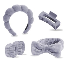 Tiny Chou 5pcs Spa Headband and Wrist Bands Set for Washing Face, Terry Cloth Puffy Makeup Facial Skincare Headbands for Women, Soft Hair Face Wash Accessories, Grey