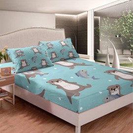 Feelyou Kids Bedding Set for Girls Boys Children Cute Otter Bed Sheet Set Cartoon Wild Animal Fish Fitted Sheet Lovely Wildlife Style Room Decor Bed Cover Twin Size 2Pcs