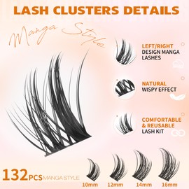EYDEVRO Manga Lash Clusters Kit Natural Wispy Eyelash Clusters Kit Anime Spiky Cluster Eyelash Extensions 144 Pcs CD Curvature Cluster Lashes Individual Eyelashes 10-16mm DIY Lash Extension Kit