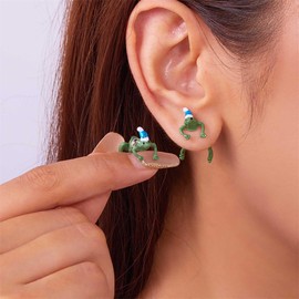 Cybche Vintage Frog Stud Earrings Green Enamelled Frog Earrings Cute Frog Front Back Earrings Frog Dangle Earrings Blue Christmas Hat Frog Animal Earrings Jewellery for Women, Zinc, No Gemstone
