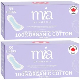 Mia Organic Cotton Top Sheet Liners for Women Pack 2 (55 Count 150mm/Pack) Ultra Thin Everyday Light Absorbency Flexible Hypoallergenic Unscented Chlorine Free Travel Friendly Liners