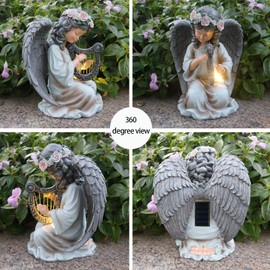 Garden Angel Decor Solar Angels Statues for Garden，Waterproof Angel Sculpture Playing The Harp，Solar Angels for Cemetery Decoration，Gardening Gift