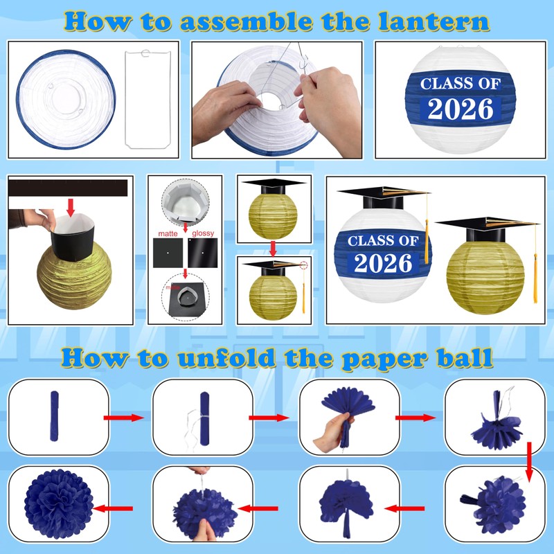 16Pcs Graduation Cap Paper Lanterns Party Decorations - Blue and