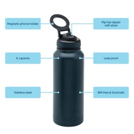 Smash Double Wall Stainless Steel Magnetic Phone Holder Water Bottle 1L /34oz, Navy