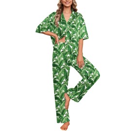 Ekouaer Silk Satin Pajamas Set Women Short Sleeve Pj Sets Button Down Sleepwear 2 Piece Soft Loungewear,Green Leaves,M