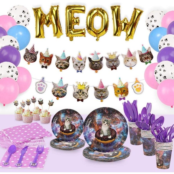 168 Pcs Cat Party Supplies Plates Cutlery Balloons Birthday Decorations Set, Kitten Party Disposable Dinnerware Plates Napkins Cups Cutlery Cat Birthday Banner Cupcake Toppers Balloons Pet Paw Kids Bday Decor- Serves 16