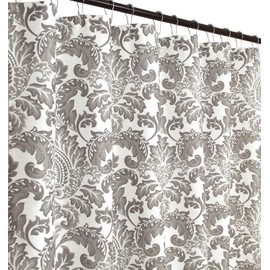 Decorative Grey Luxury Fabric Bathroom Shower Curtain: Floral Damask Design in Gray and White Botanical Flowers and Leaves with Roller Ball Hooks
