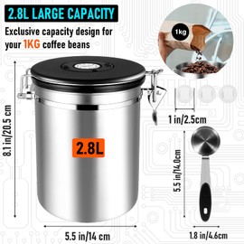 Coffee Canisters Airtight 1 kg Beans, 2800 ml Coffee Beans Container Coffee Container Storage Jars Made of Stainless Steel with Date Tracker, 30 ml Measuring Scoop and CO₂ Valve for Coffee Bean