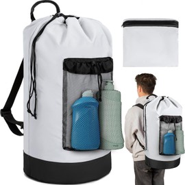 WELIDAY Laundry Bag Backpack with Shoulder Straps and Mesh Pocket Foldable Laundry Hamper for College, Apartment, Laundromat (White)