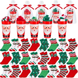 Glitopper 20 Pairs Funny Christmas Cupcake Fuzzy Socks Gifts for Women Cute Fluffy DIY Socks Winter Xmas Holiday Gifts Bulk(Santa Claus)