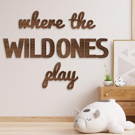 Beeveer Where the Wild Ones Play Nursery Sign Wooden Playroom Wall Decor Playroom Decoration Word Play Sign for Wall Plaques (23 Inch,Brown)