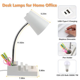 LALISU Study Desk Lamp with USB Charging and Type-C Night Light, Gooseneck LED Table Lamp Stepless Dimming Study Table Lamp with Pen Holder for College Dorm Bedroom and Office (White)