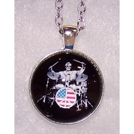 Handmade Sterling silver PEACE SIGN FLAG DRUM MUSIC LOVE pendant 20" necklace men women