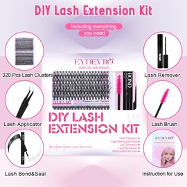 DIY Lash Extension Kit, 320 Pcs Eyelash Extension Kit Lash Clusters with Lash Bond and Seal and Remover Lash Applicator Tweezers Lash Brush Individual Lash Clusters Kit Eyelashes Extension by EYDEVRO