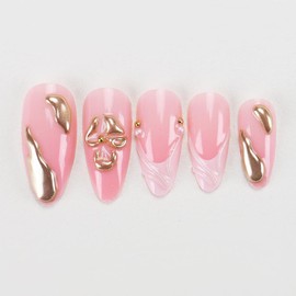 Press on Nails Almond Fake Nails Pink Gold Line Design 3D French Tip False Nails with Glue on Nails Medium Acrylic Nails Glossy Full Cover Stick on Nails for Women Manicure 24Pcs