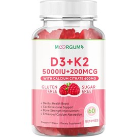 MOORGUMY Vitamin D3 K2 Gummies with 5000IU D3, 200mcg K2 (MK-4 & MK-7 Blend), 600mg Calcium, Supports Calcium Absorption, Healthy Bones, Immune, & Heart Health, 60 Count