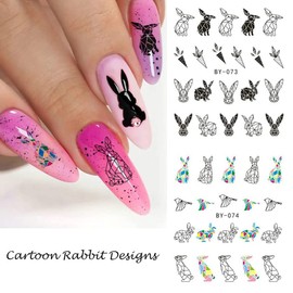 KOLONAMS Paper Bunny Nail Art Stickers, 12 Sheets, Cartoon Decals for Manicure Designs, Water Transfer Nail Decorations, Non-Toxic, Easy to Use