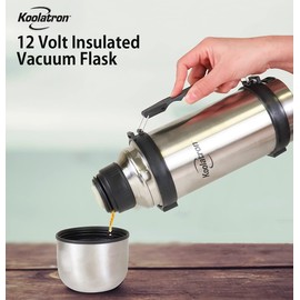 Koolatron 12V Insulated Vacuum Flask with Heater, 1L Silver and Black Stainless Steel, Push Button Dispenser, for Car, SUV, Truck, RV, Boat