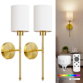 NIORSUN Battery Operated Wall Sconce Set of 2, Gold Wireless Rechargeable Wall Lights with 5200mAh Dimmable Detachable Bulbs and Remote, 9 Colors Sconces Wall Decor for Bedroom Living Room Hallway