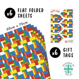 CENTRAL 23 Colorful Wrapping Paper - 6 Sheets of Gift Wrap - Birthday Wrapping Paper for Kids - Building Blocks for Boys and Girls - Birthday Party - Recyclable - Comes With Fun Stickers