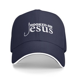 Funny Hooked On Jesus Christian God Faith Cross Trucker Hat Fun Summer Baseball Cap Black Snapback Dad Hat, Navy Blue, One Size