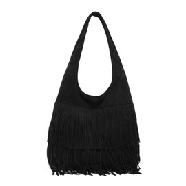 CORIOS Women's Suede Handbag Vintage Fringe Hobo Bags for Women Shoulder Bag with Tassels Retro Tote Bag Soft Faux Leather Handbags Elegant Work Shopper Travel Tote Bag, black