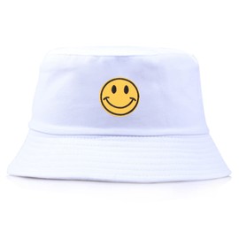 Anroll Unisex Smiling Face Embroidered Bucket Hats Sun Hat for Womens Men, White, One Size