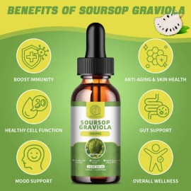 Soursop Graviola Herbal Drops Multivitamin, 60ml, 2 Fl Oz, Organic Soursop Leaf Extract Soursop Oil, Soursop Bitters Liquid, Vitamin, Dietary Fiber