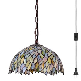 GILGGAK Tiffany Style Stained Glass Pendant Light Plug in, 12" Wide Wisteria Design Hanging Lamp, 60 Inch Chain 15 Feet Cord Living Dining Room Bedroom Kitchen Home Office (Green)