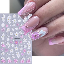 Flower Nail Stickers 5D Embossed Nail Decals Cute Pink White Purple Flowers Nail Art Stickers Self-Adhesive Relief Nail Design Spring Summer Daisy Flowers Nail Art Supplies for Women DIY Manicure