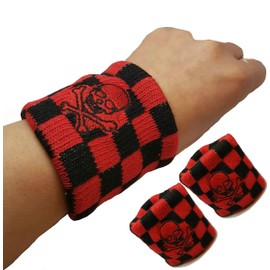 Vonchic Sport Sweatband Wrist Band Checkered Black Red Pirate Skull Cross Bone Logo Sports Sweatbands Wristbands 1Pair