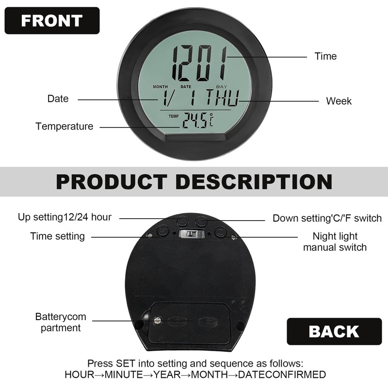 FSTURIOS Car Digital Thermometer Clock, Dashboard Clock with Backlight Fahrenheit