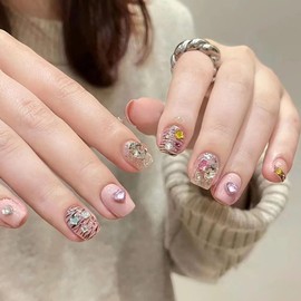 Pink Press on Nails Love Heart Stars Rhinestones Design French False Nails Artificial Acrylic Coffin Nails Full Cover Tiger Stripes Short Fake Nails Nature Fit Stick on Nails Glue on Nails for Women