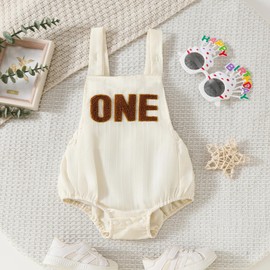 HZPHQY Baby Boy Girl 1st Birthday Cotton Romper One Letter Embroidery Sleeveless Summer Clothes One Piece Short Jumpsuit Bodysuit First Overalls Outfit (A Beige, 9-12 Months)