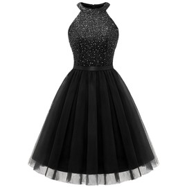 Dressystar Women's Halter Short Sparkly Sequin Tulle Homecoming Cocktail Prom Dress Black XXL