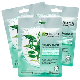 3 x Garnier SkinActive Hydra Bomb Face Mask Made of Moisturising and Mattifying Fabric with Green Tea and Hyaluronic Acid